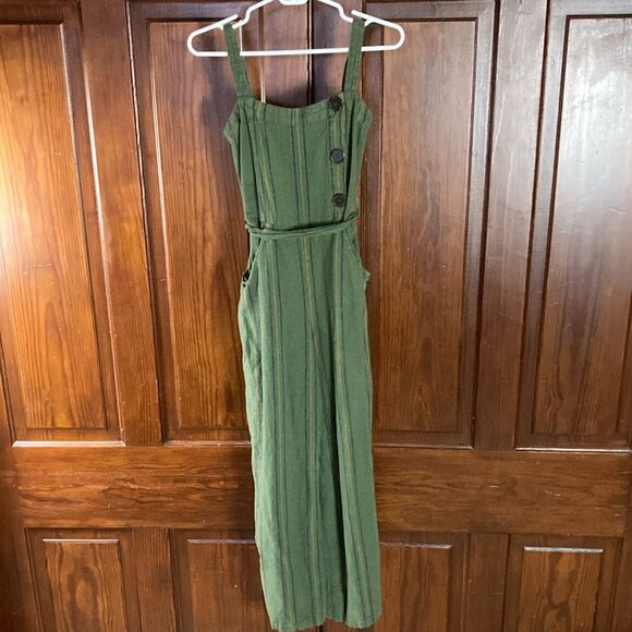 Happy Nature Kate Hudson Green Striped Linen Jumpsuit With Belt size XS - Picture 1 of 14